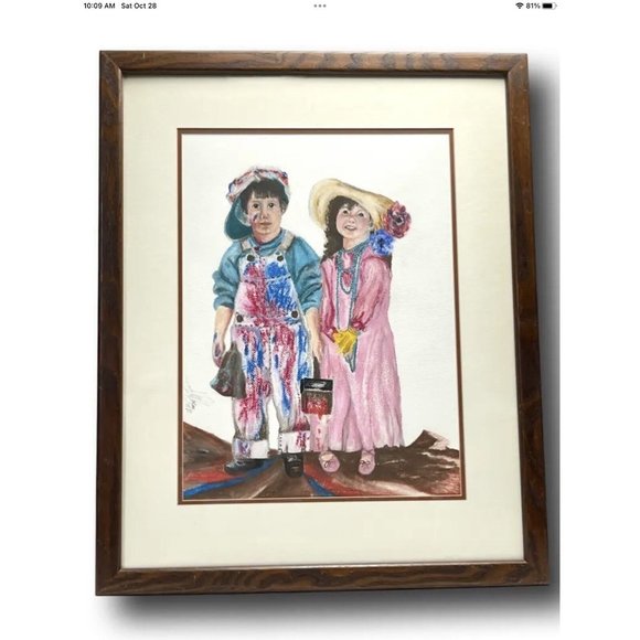 OOAK Pastel Chalk Wall Art Drawing Vtg 80s Boy Girl Signed Framed Matted 22x27 - Picture 10 of 11